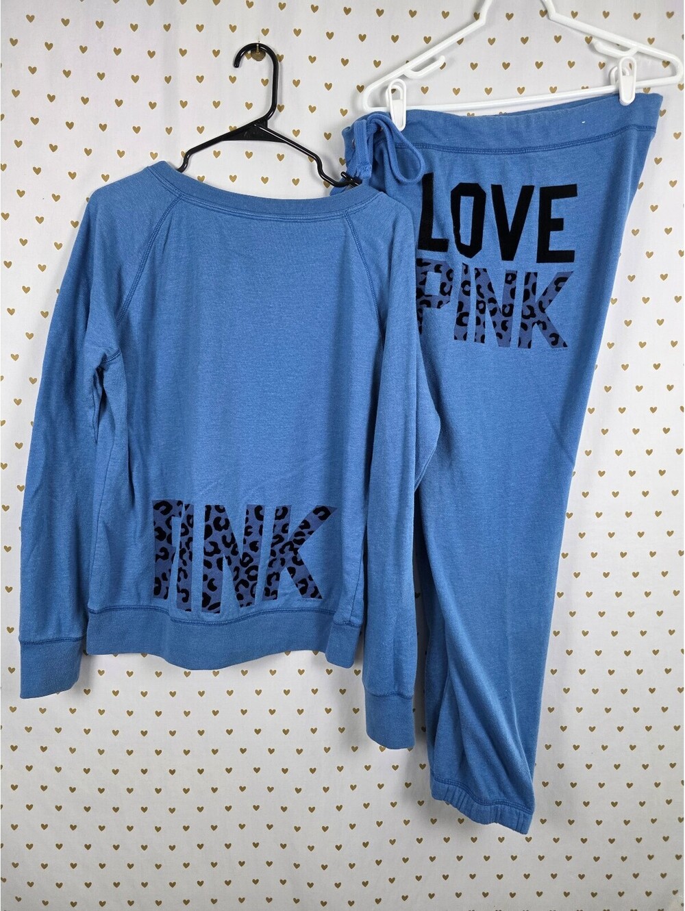 VS PINK LOVE PINK Leopard Sweatshirt Sweatpants Set Blue L/S